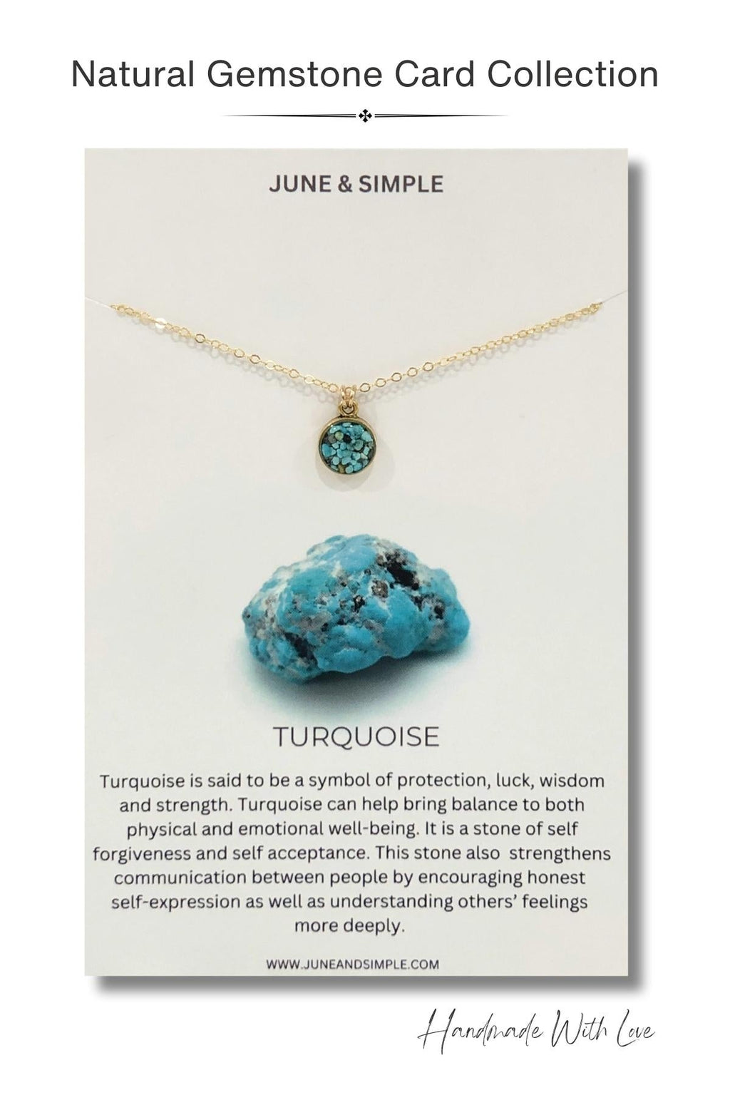 June & Simple Simple Gemstone Cards Collection — chrysocolla teal stone jewelry on display card
