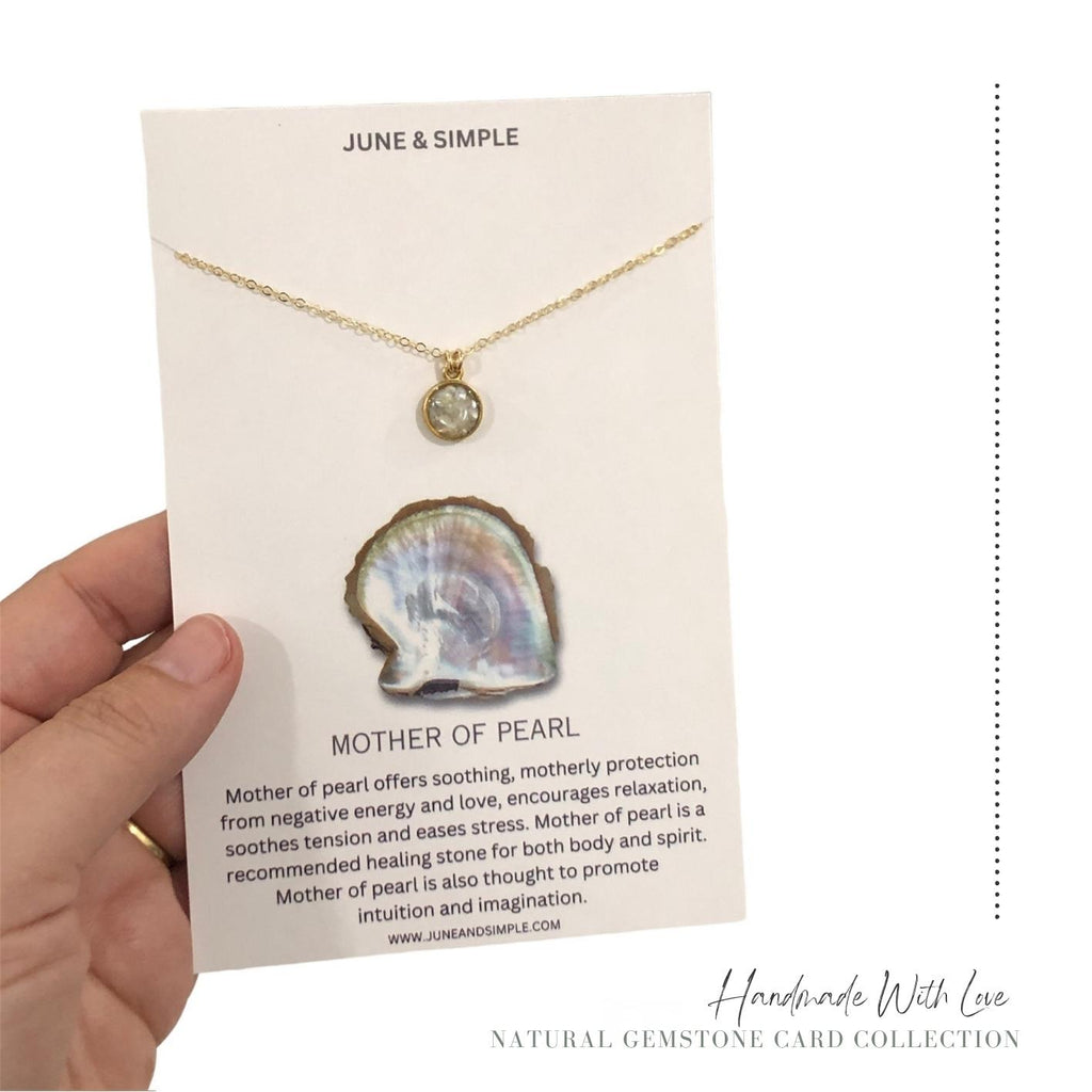 June & Simple Simple Gemstone Cards Collection — gemstone earrings and necklaces on branded cards