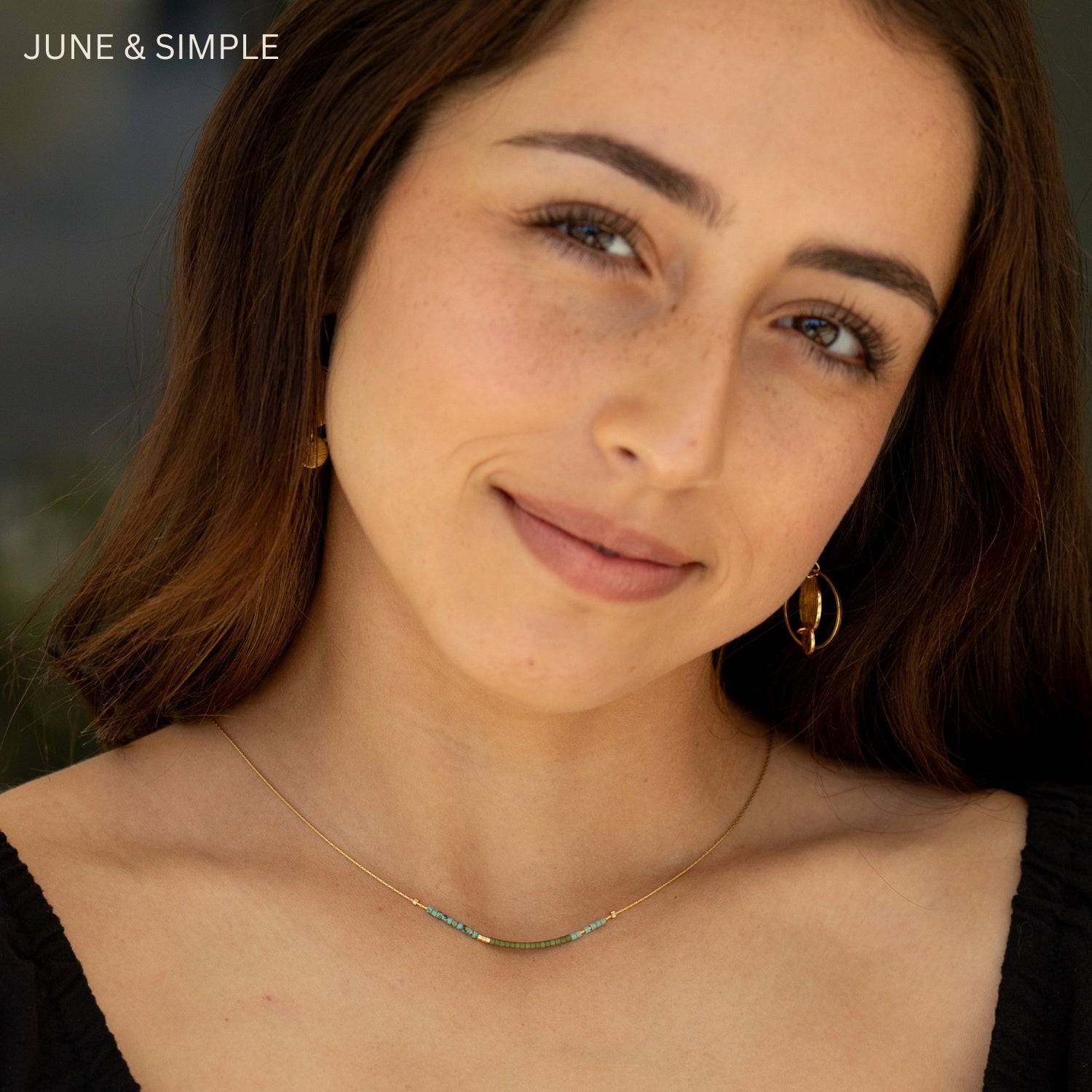 Green Angie necklace - close up on a model