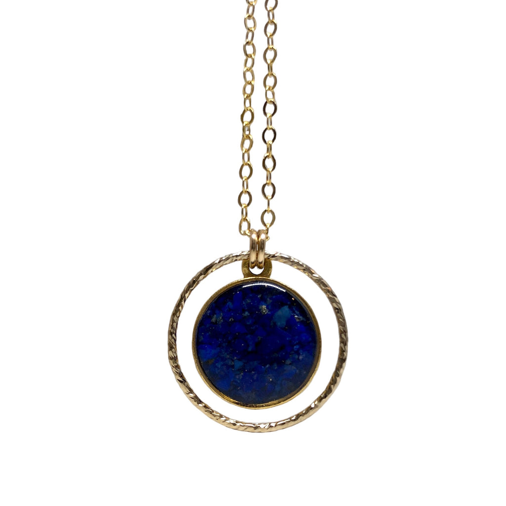 Circle of Love Lapis Necklace — crushed lapis lazuli in gold-filled ring setting by June & Simple