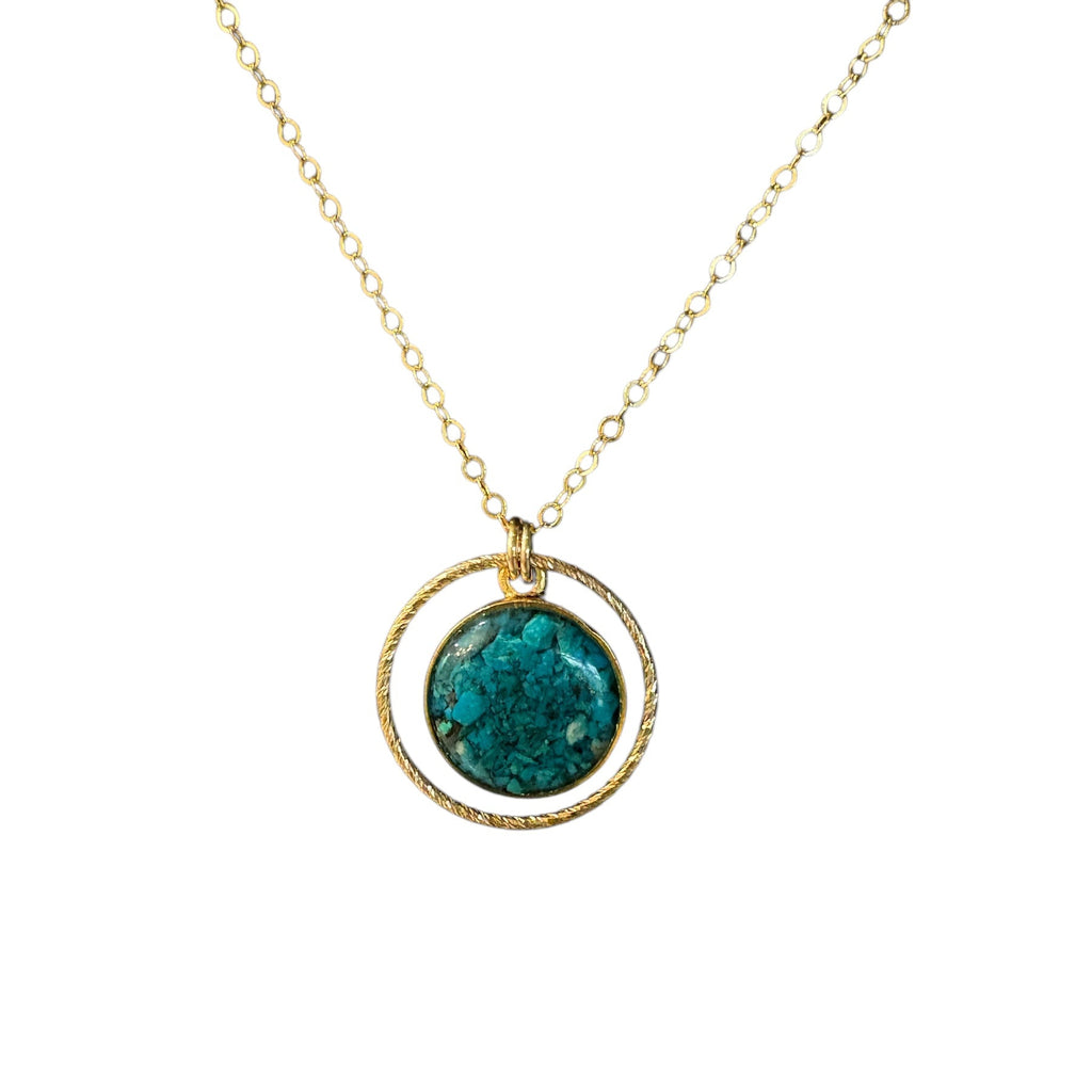Circle of Love Chrysocolla Necklace — crushed chrysocolla in gold-filled ring by June & Simple