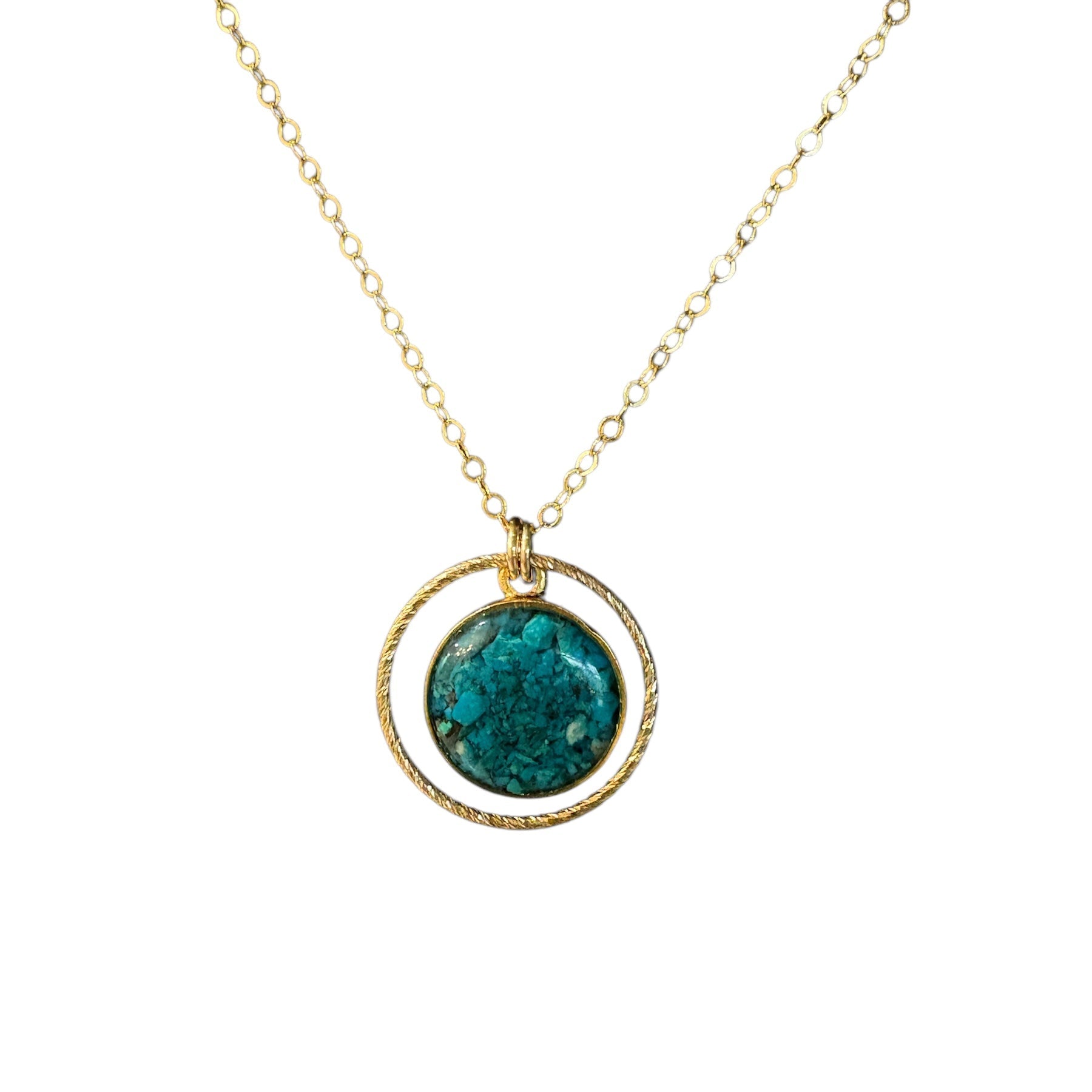 Circle of Love Chrysocolla Necklace — crushed chrysocolla in gold-filled ring by June & Simple