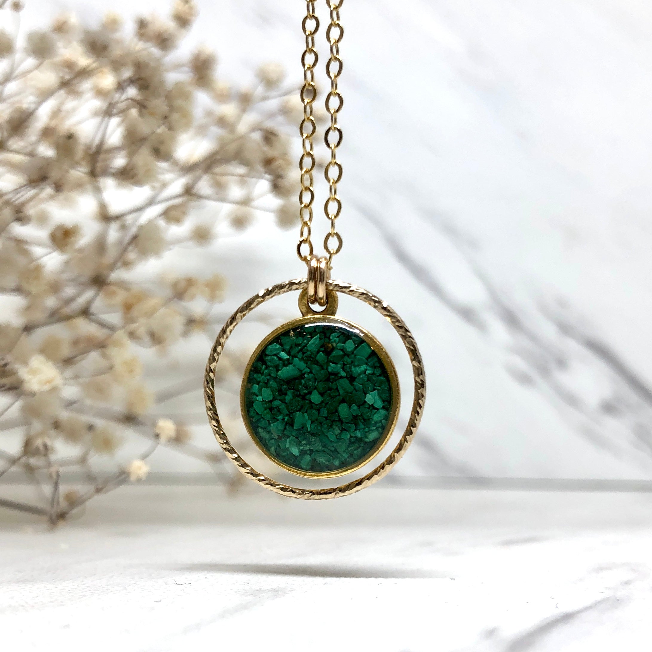Circle of Love Chrysocolla Necklace — crushed chrysocolla set in resin and gold-filled ring by June & Simple