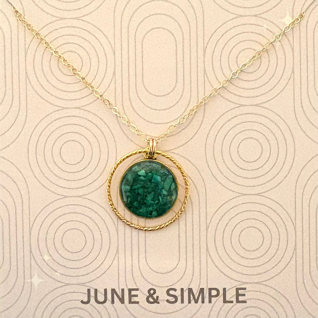 Circle of Love Chrysocolla Necklace - green chrysocolla pendant shown on a June & Simple card