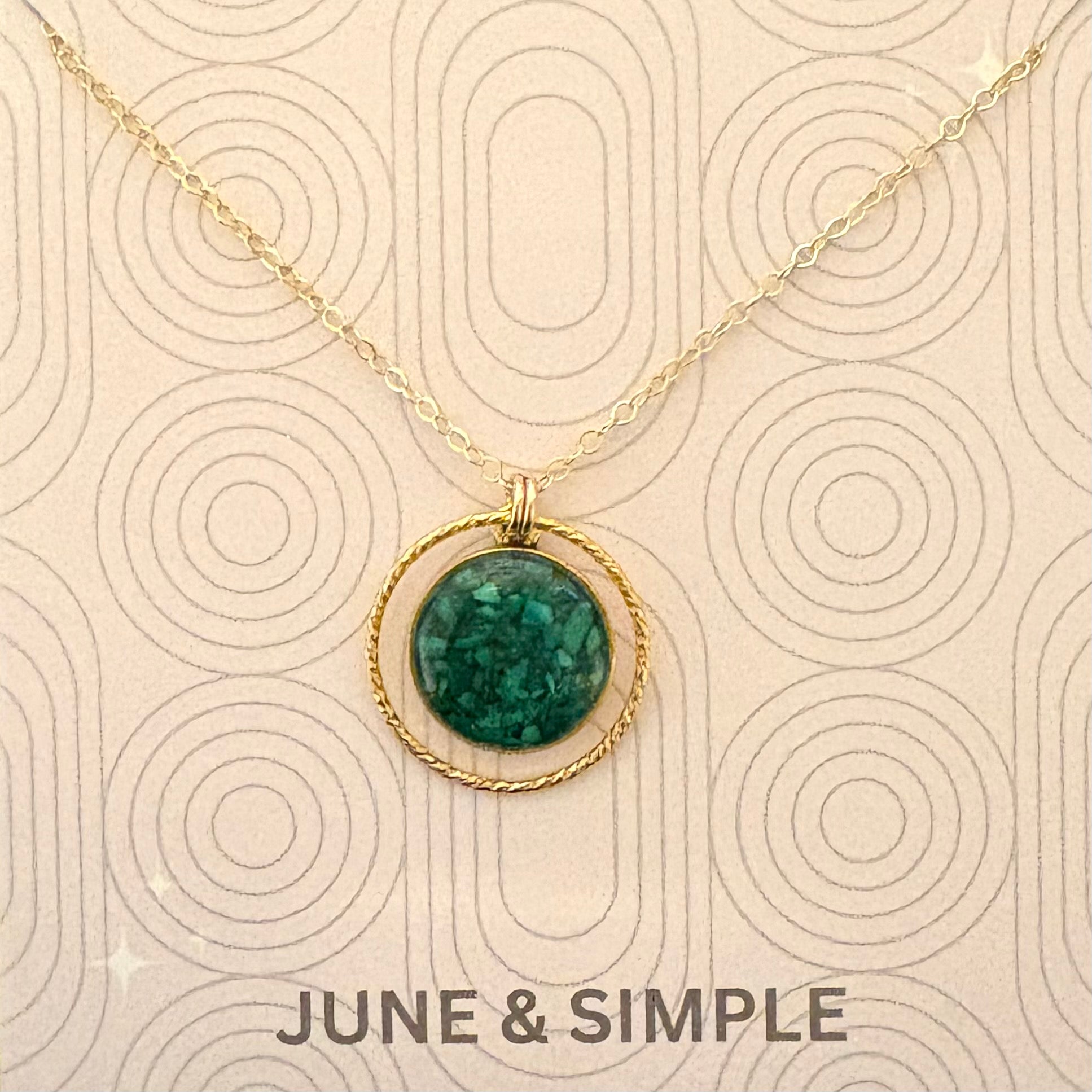 Circle of Love Chrysocolla Necklace - green chrysocolla pendant shown on a June & Simple card