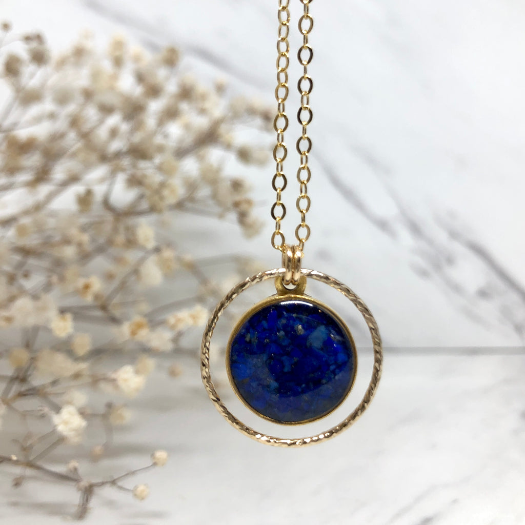 Circle of Love Lapis Necklace — crushed lapis lazuli set in resin and gold-filled ring by June & Simple