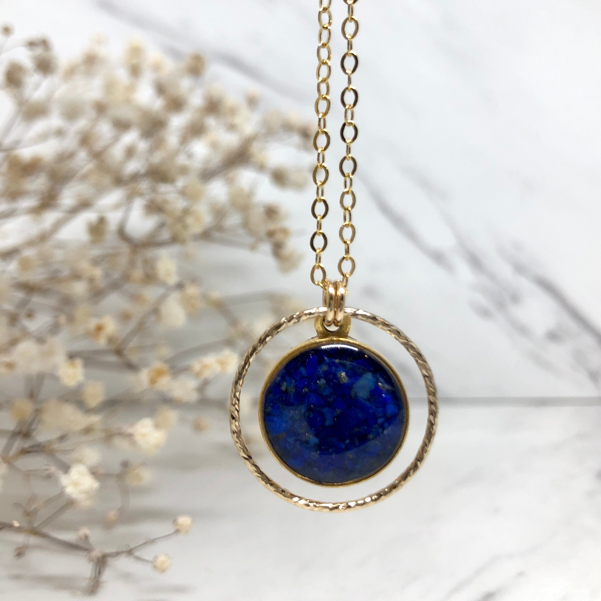 Circle of Love Lapis Necklace — crushed lapis lazuli set in resin and gold-filled ring by June & Simple