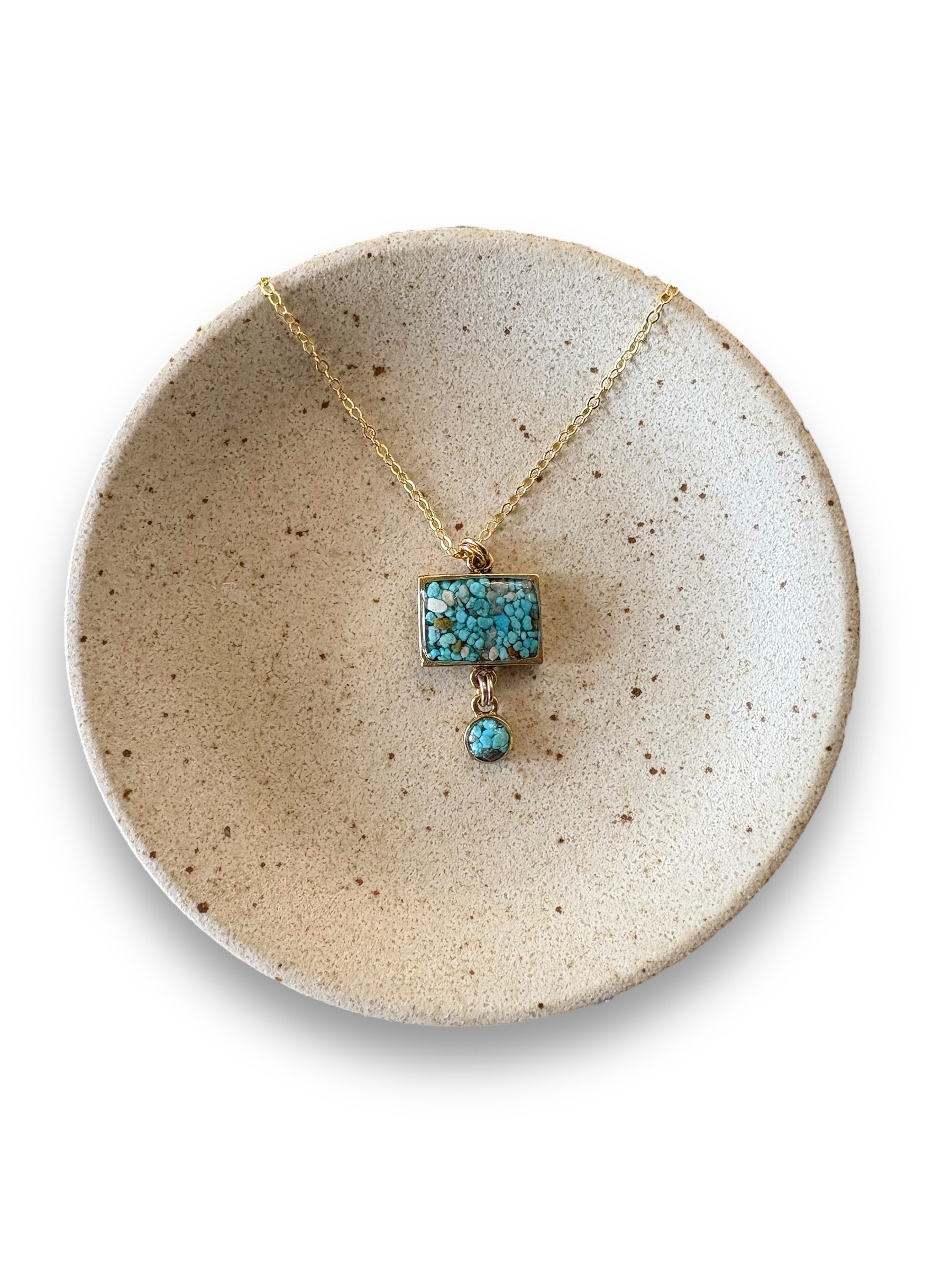 natural turquoise duo pendant necklace with rectangle and circle drop on gold fill chain