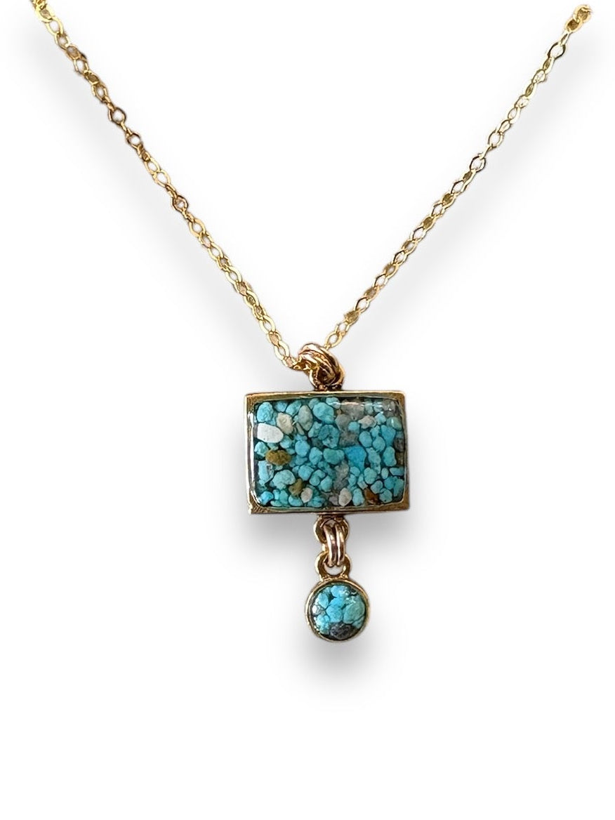 rectangular turquoise pendant with circle drop on gold fill chain
