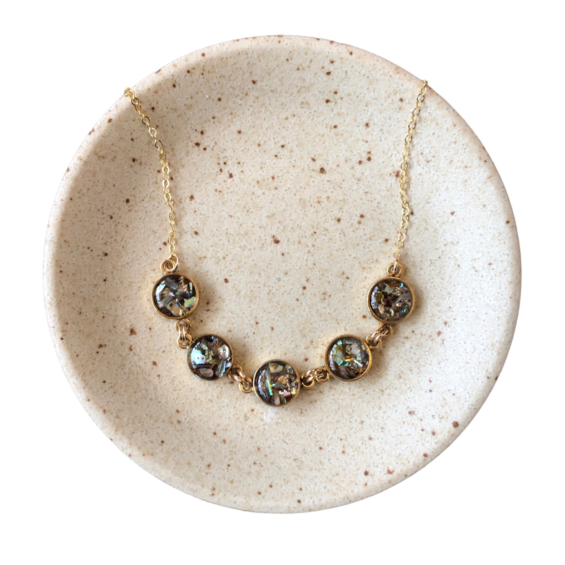 Five Circles Necklace — crushed abalone set in resin, handmade by June & Simple