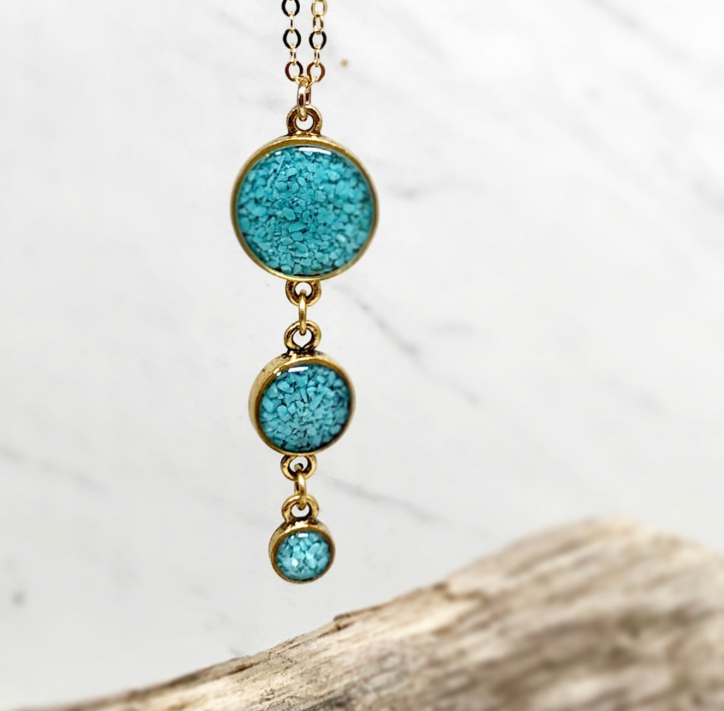 June & Simple Turquoise Drops Necklace - three graduated crushed turquoise drops on gold filled chain