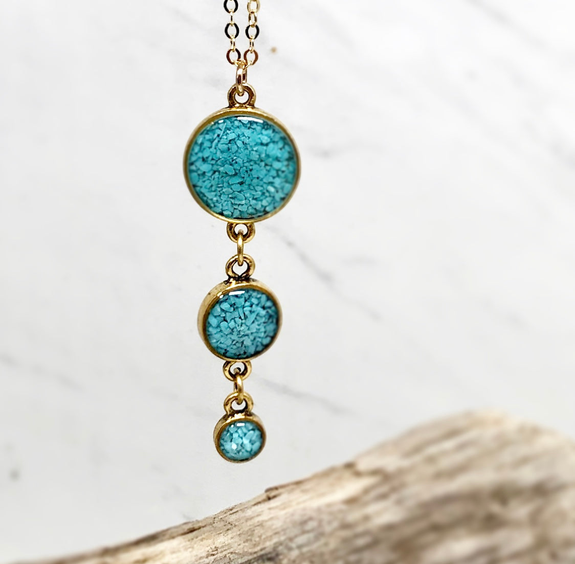 June & Simple Turquoise Drops Necklace - three graduated crushed turquoise drops on gold filled chain