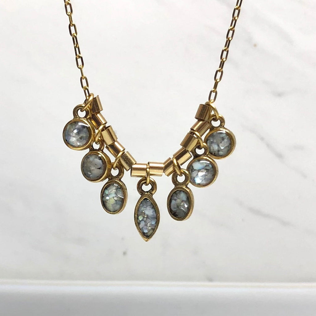 June & Simple Mother of Pearl 7 mini stones necklace - close up of charms