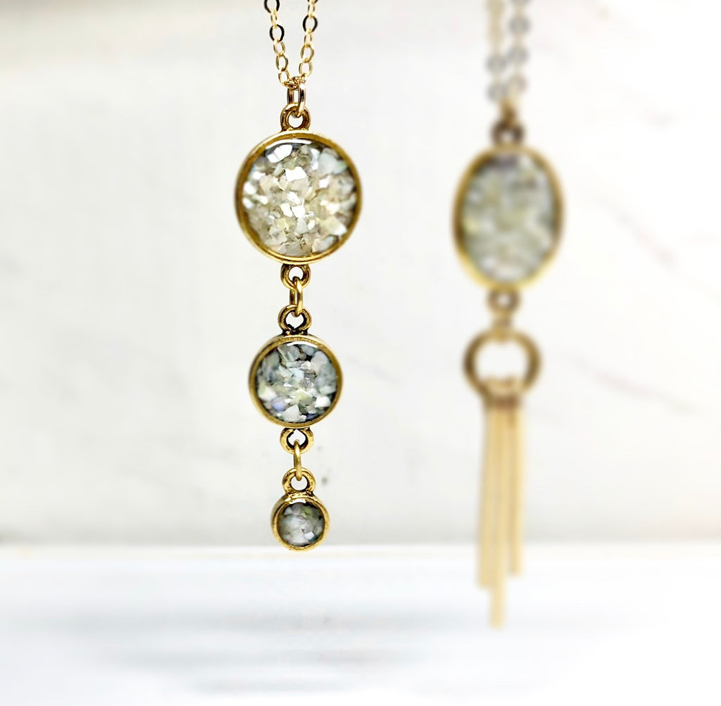 June & Simple handmade gold filled drop necklace with crushed mother of pearl pendant
