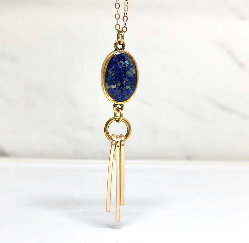 June & Simple Lapis Lazuli Ray Necklace - deep blue gemstone pendant on gold filled chain