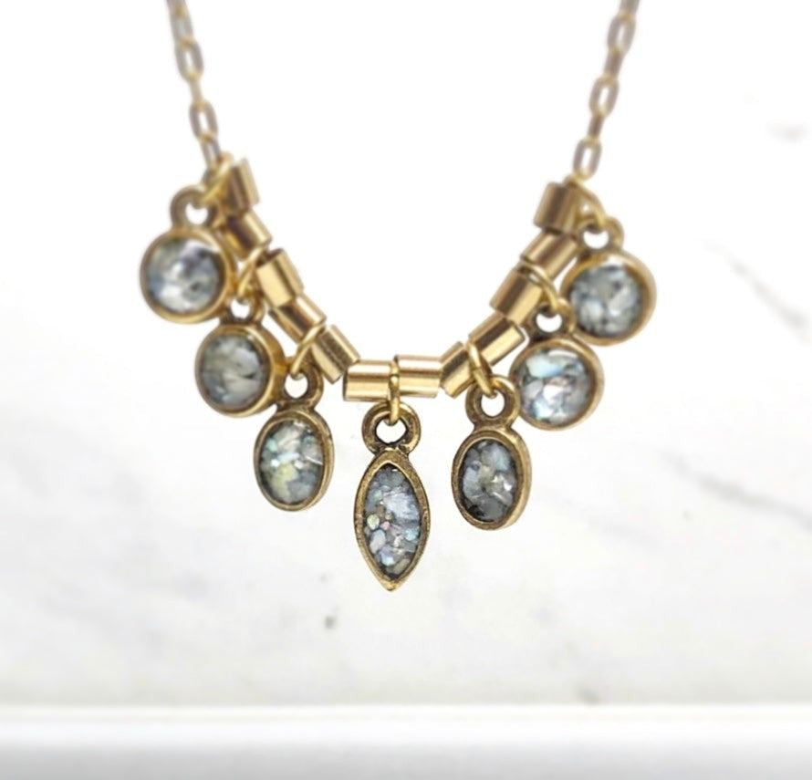 June & Simple Mother of Pearl 7 Stones Necklace - seven iridescent charms on gold filled chain