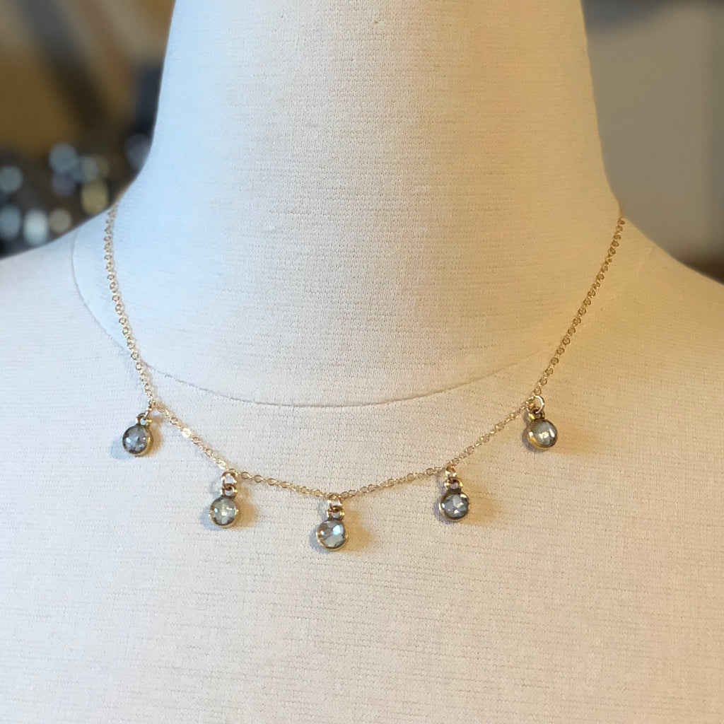June & Simple Five Mini Gems Mother of Pearl Necklace — styled on a model