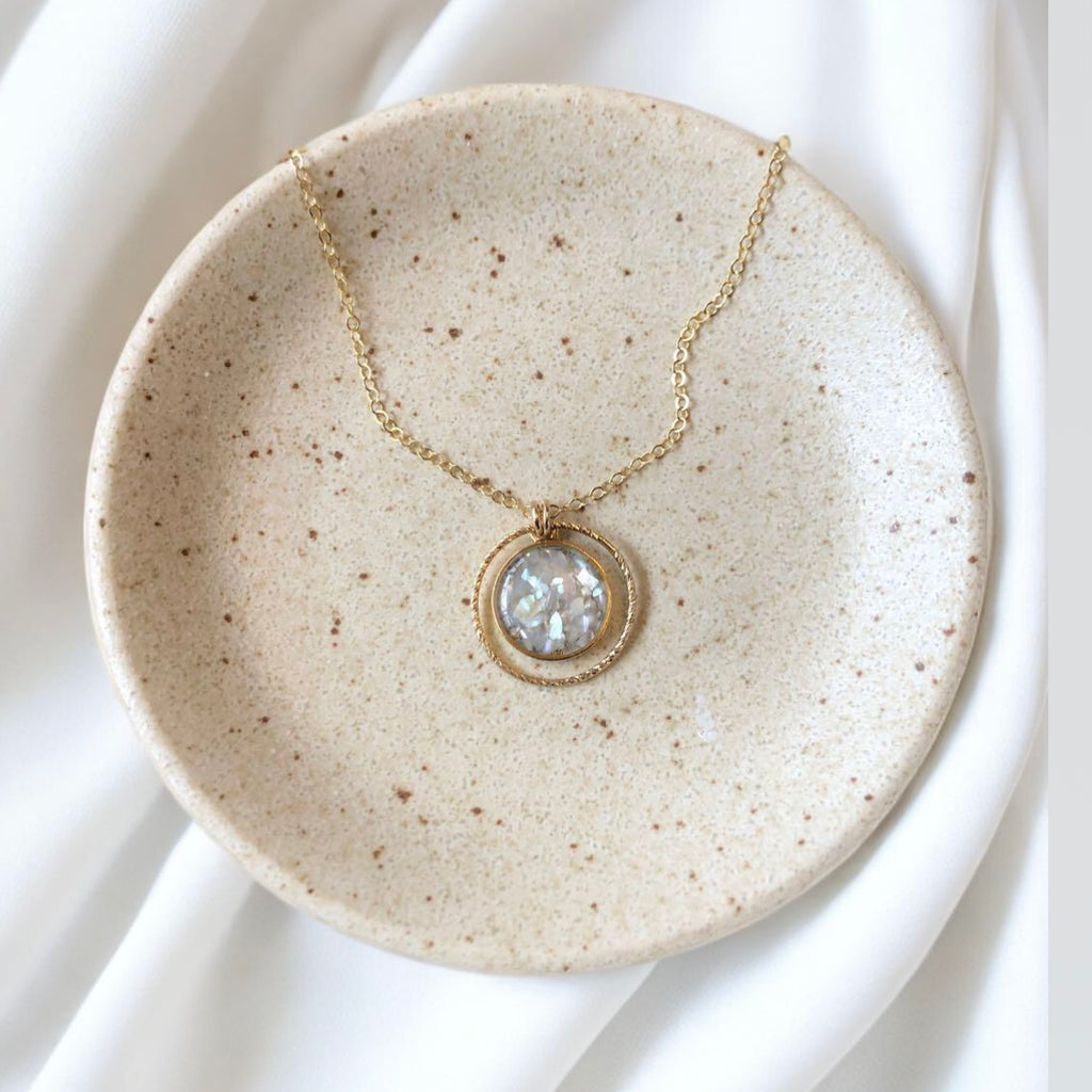 June & Simple Circle of Love Mother of Pearl Necklace — iridescent circle pendant on gold filled chain, handmade