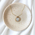 June & Simple Circle of Love Mother of Pearl Necklace — iridescent circle pendant on gold filled chain, handmade