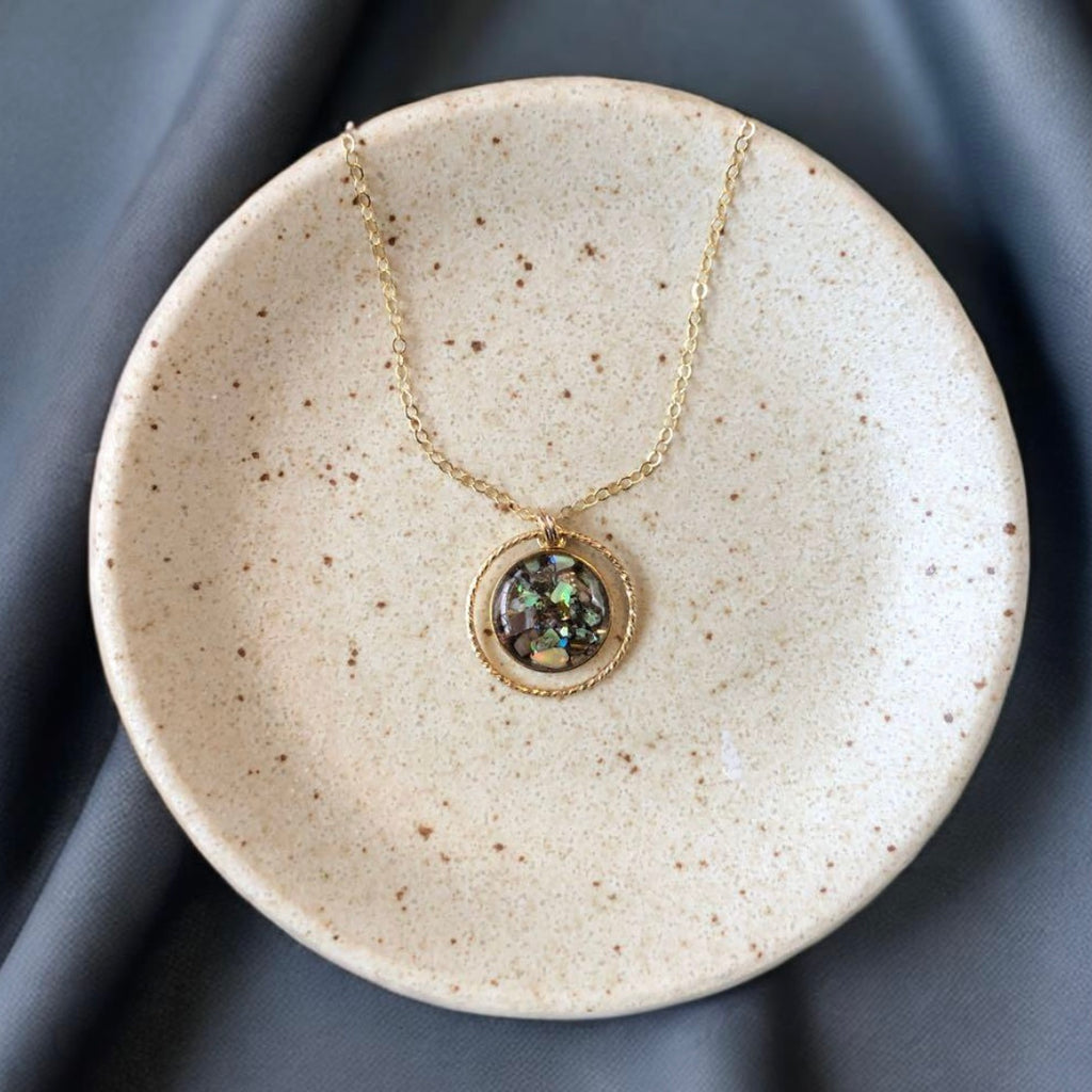 June & Simple Circle of Love Abalone Necklace — iridescent abalone circle pendant on gold filled chain