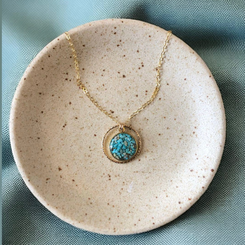 June & Simple Circle of Love Turquoise Necklace — styled on a model