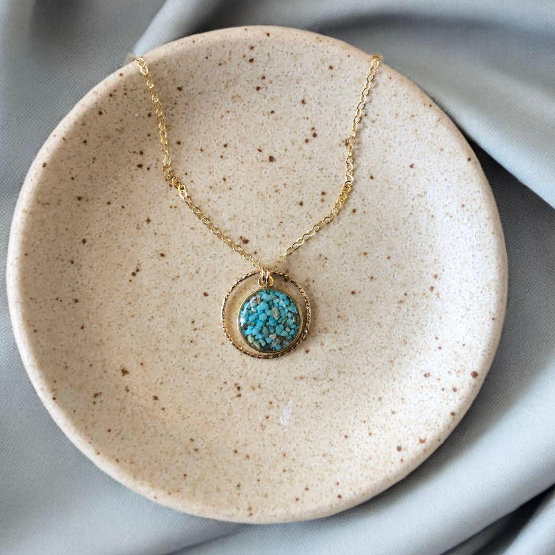 June & Simple Circle of Love Turquoise Necklace — flat lay on white background