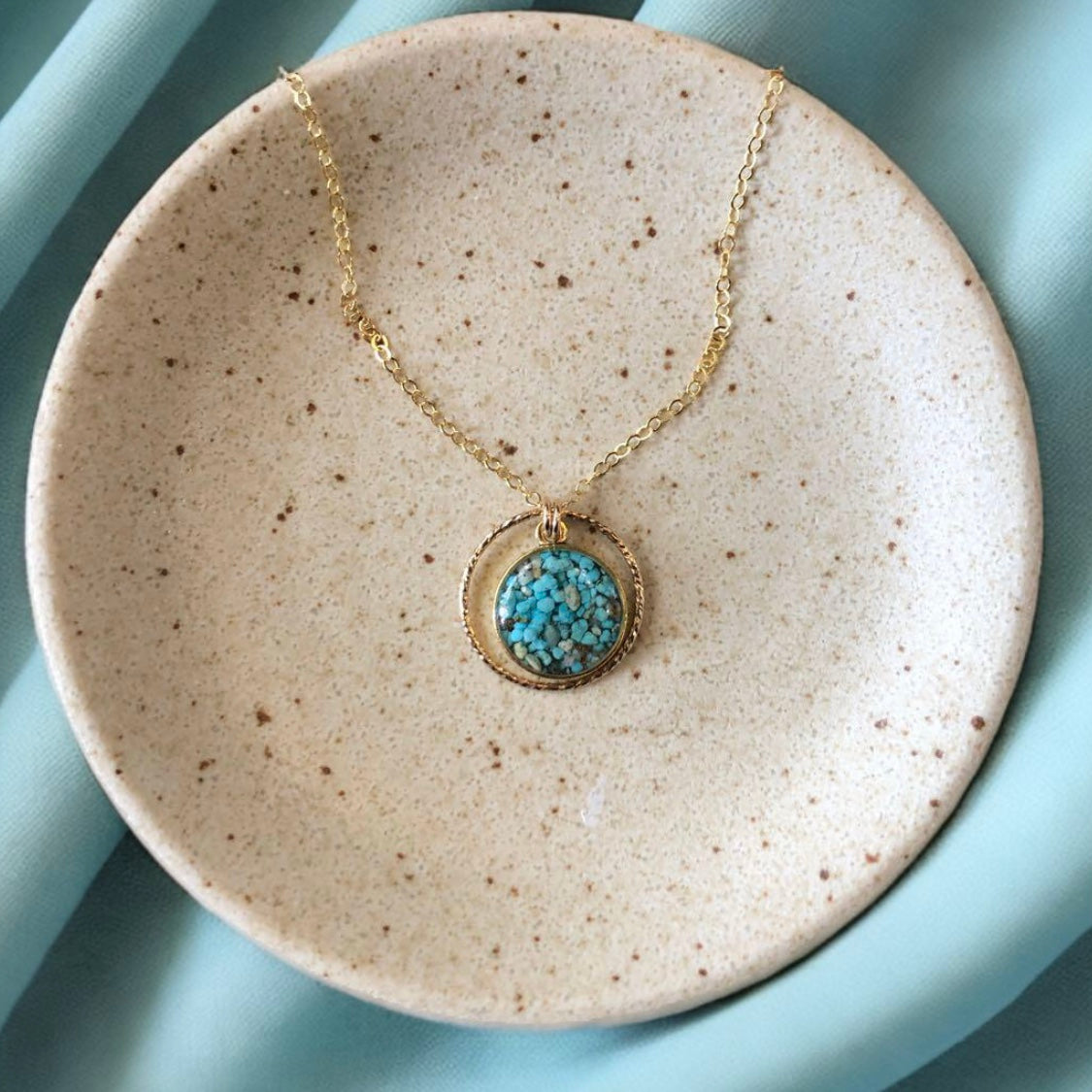 June & Simple Circle of Love Turquoise Necklace — crushed natural turquoise circle pendant on gold filled chain, handmade
