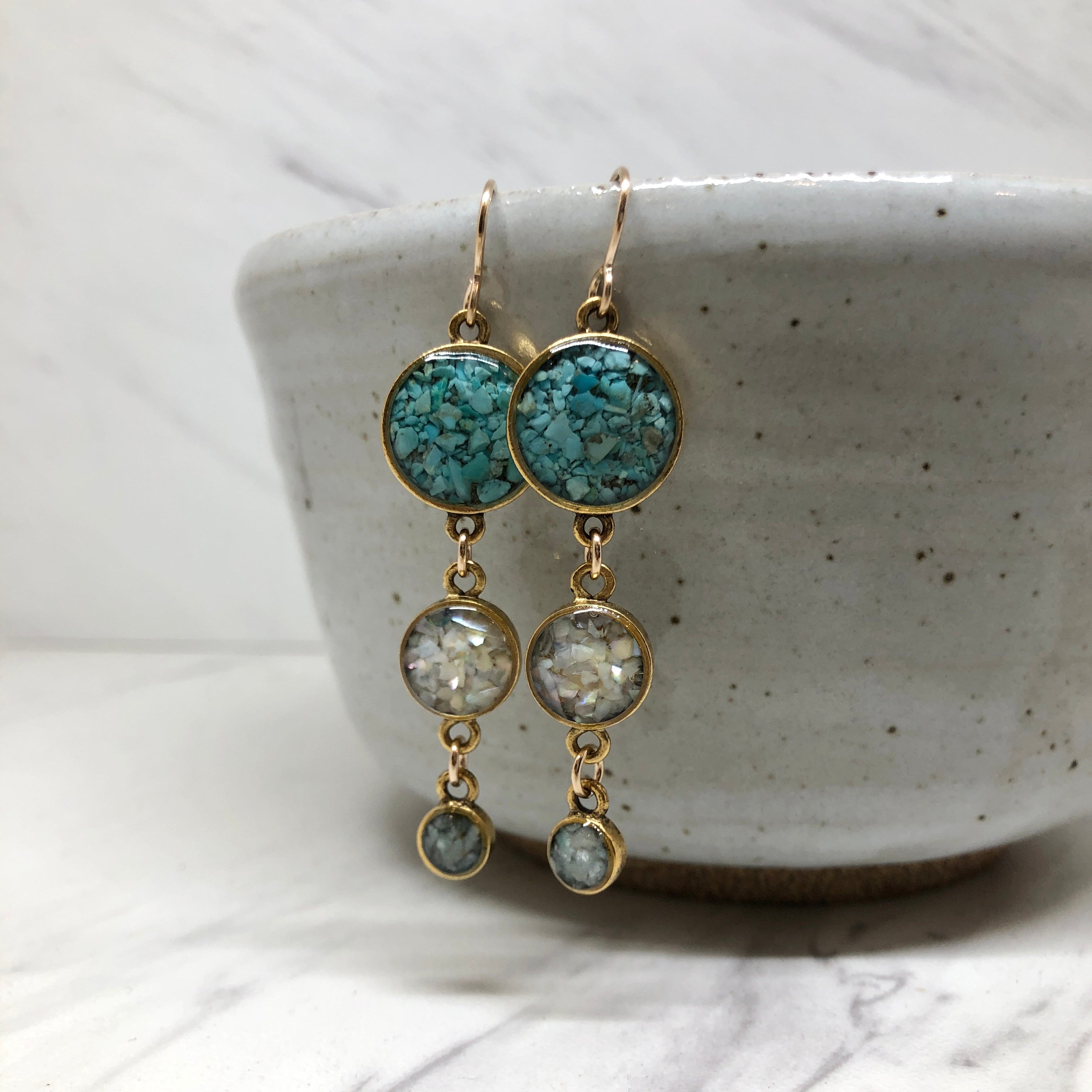 June & Simple Triple Circle Drop Earrings — turquoise, mother of pearl, and amazonite in three linked circles, gold filled ear wire