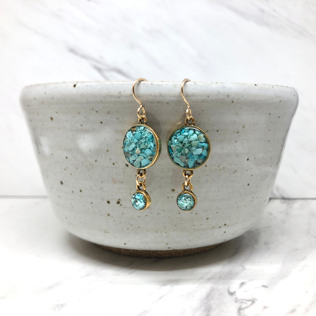 June & Simple Turquoise Two Circles Earrings — styled on a model