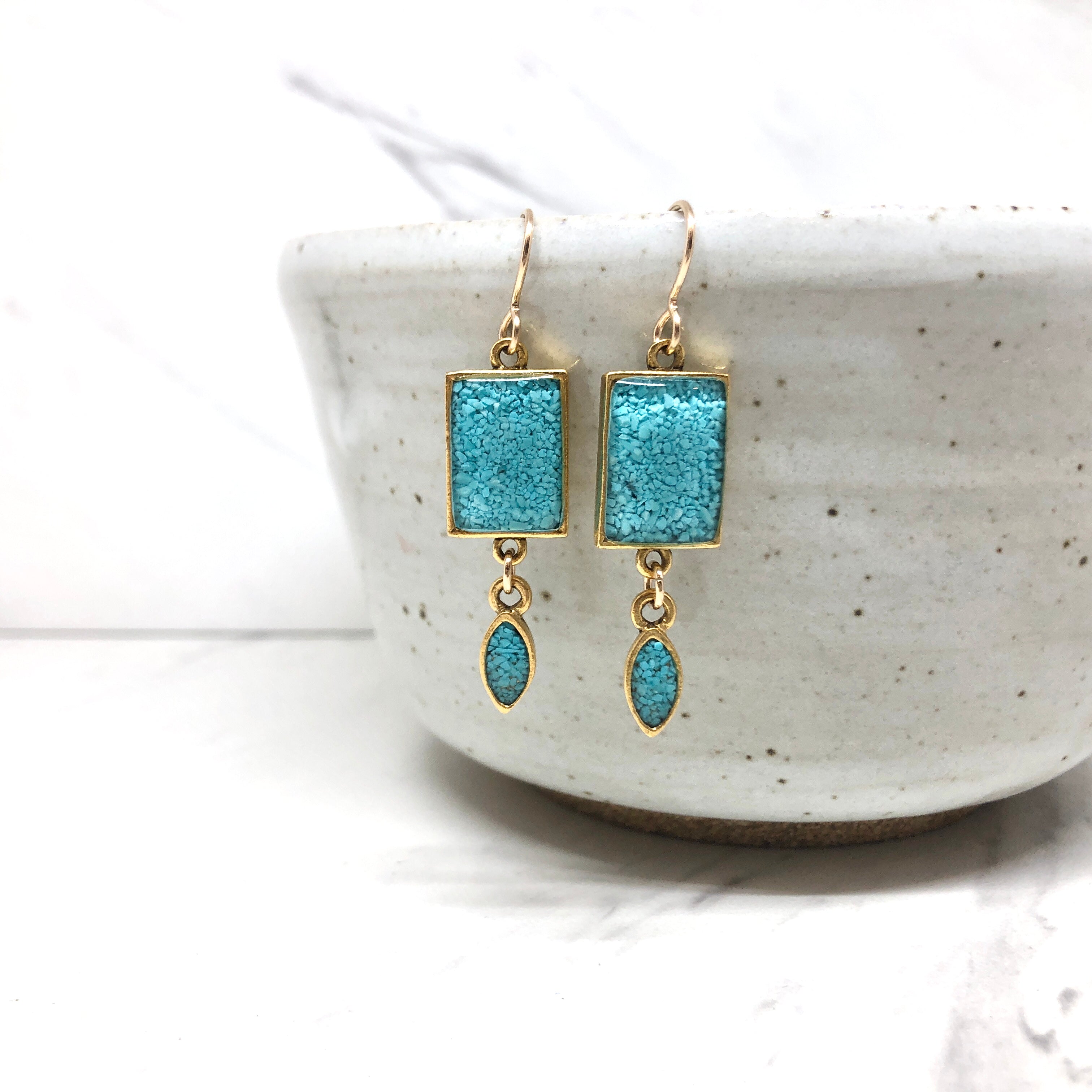June & Simple Turquoise Geometric Drop Earrings — close-up detail of crushed turquoise resin pendant