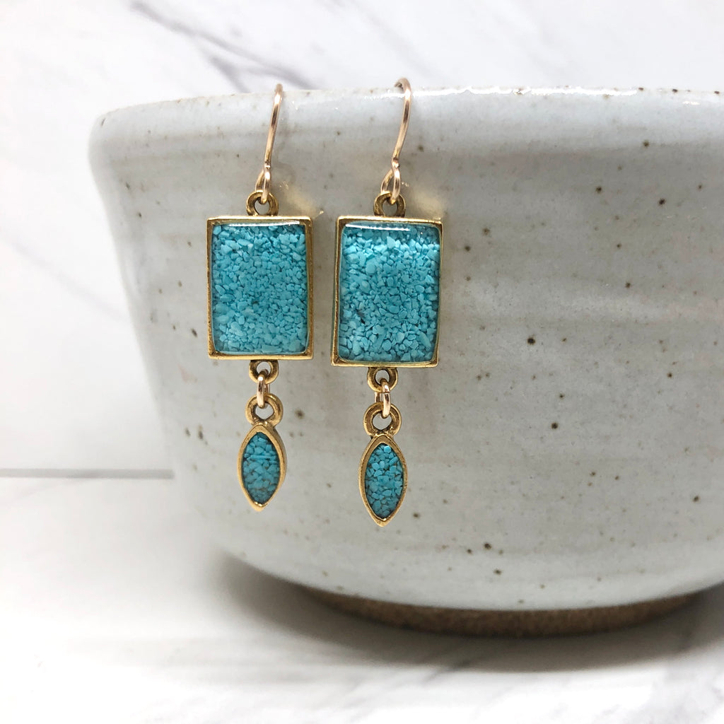 June & Simple Turquoise Geometric Drop Earrings — crushed turquoise rectangle and marquise pendant, gold filled ear wire