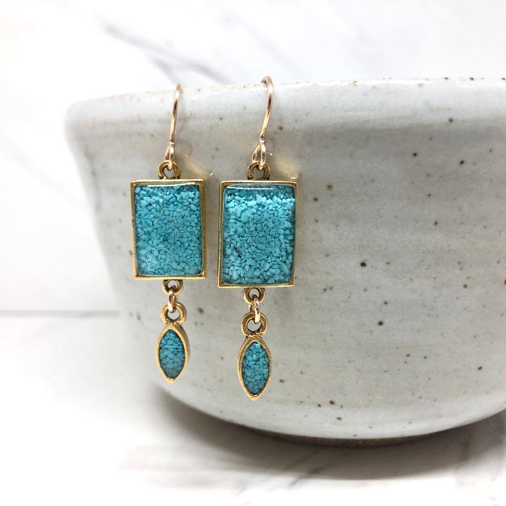 June & Simple Turquoise Geometric Drop Earrings — flat lay on white background