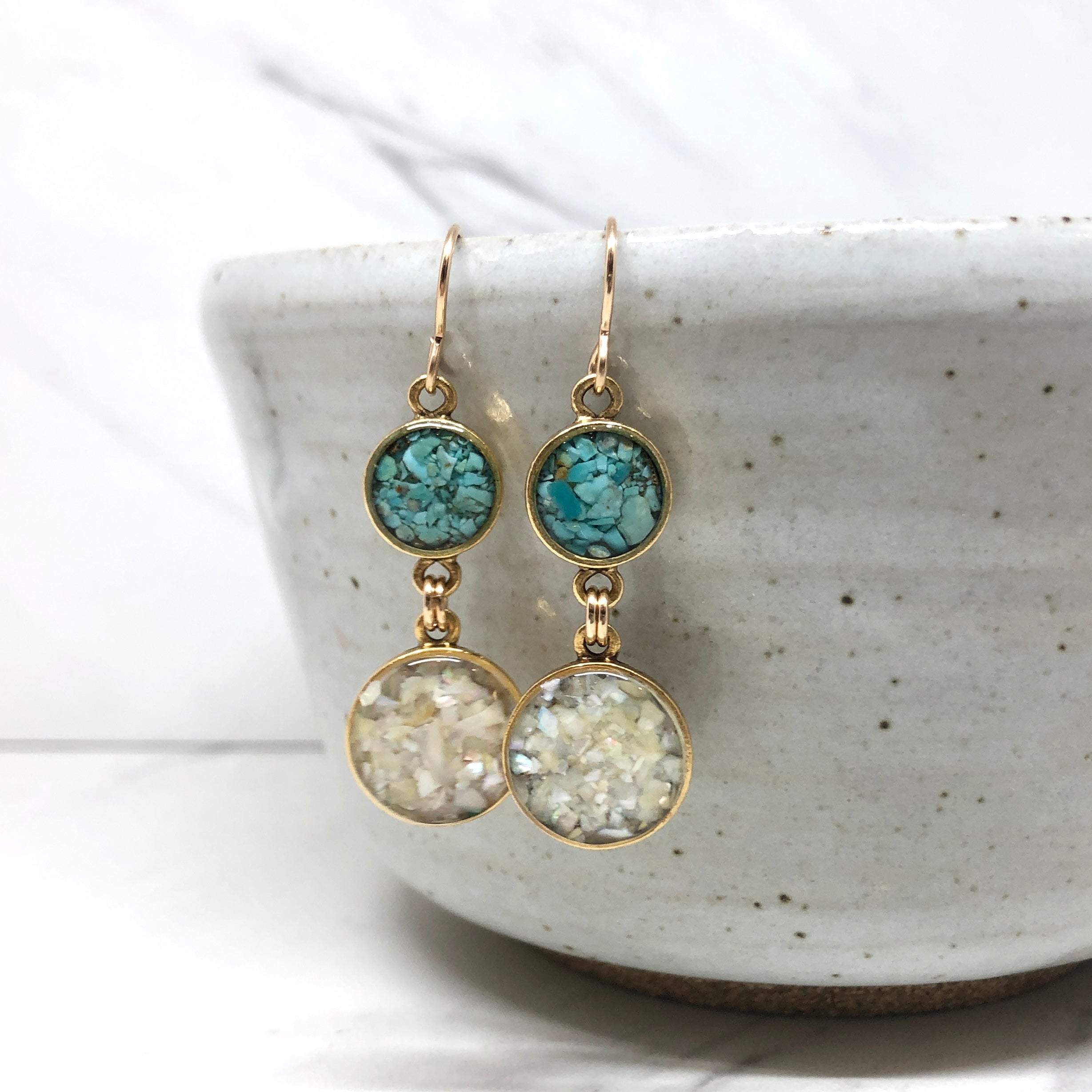 June & Simple Turquoise and Mother of Pearl Double Circle Drop Earrings — crushed turquoise and mother of pearl in resin, gold filled ear wire