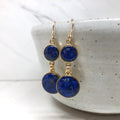 June & Simple Lapis Lazuli Double Circle Drop Earrings — crushed lapis lazuli set in resin, gold filled ear wire