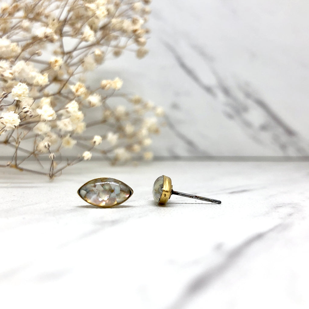 June & Simple Marquise Mother of Pearl Studs — pair flat lay on white background