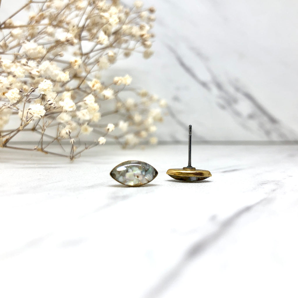 June & Simple Marquise Mother of Pearl Studs — close-up of iridescent shell detail