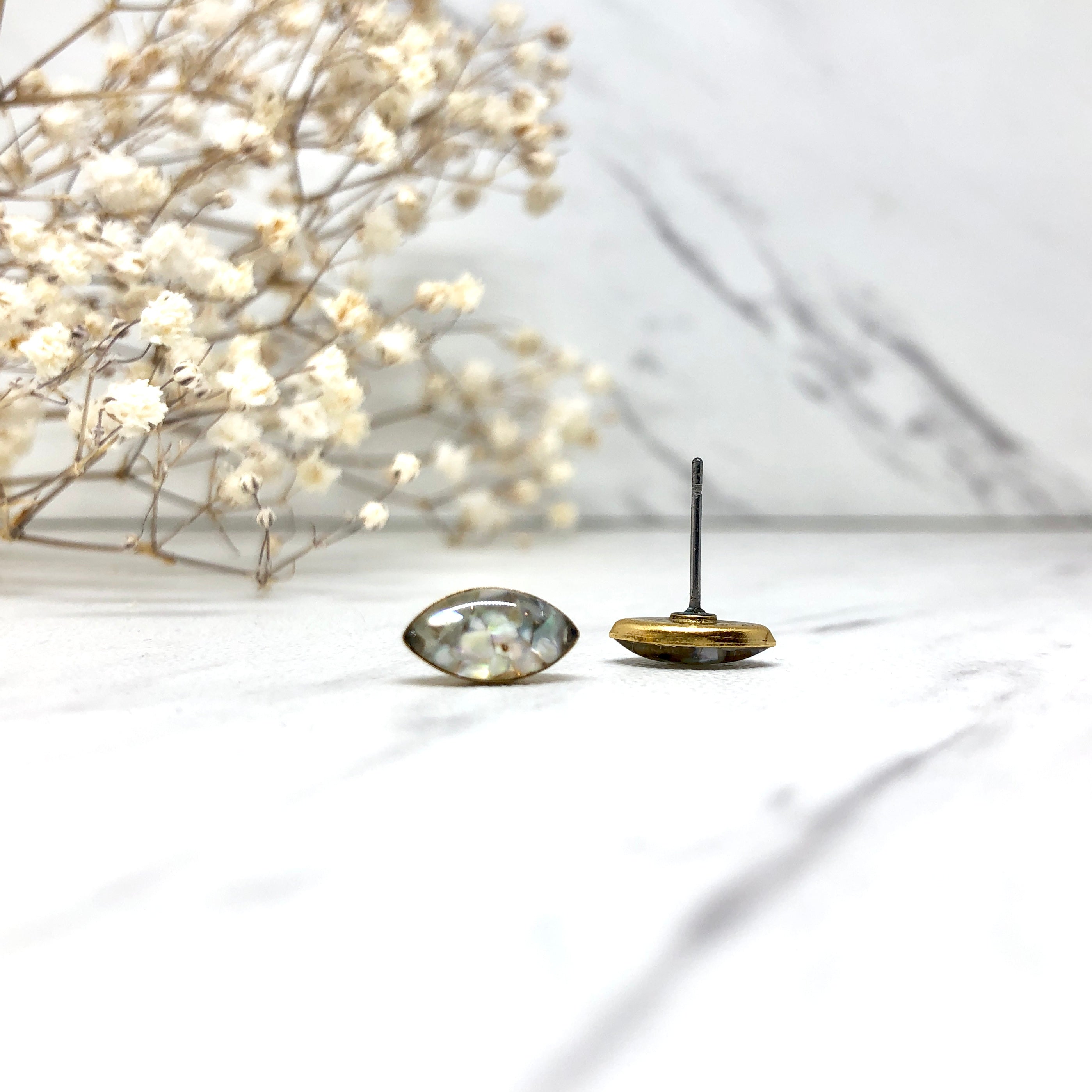 June & Simple Marquise Mother of Pearl Studs — close-up of iridescent shell detail