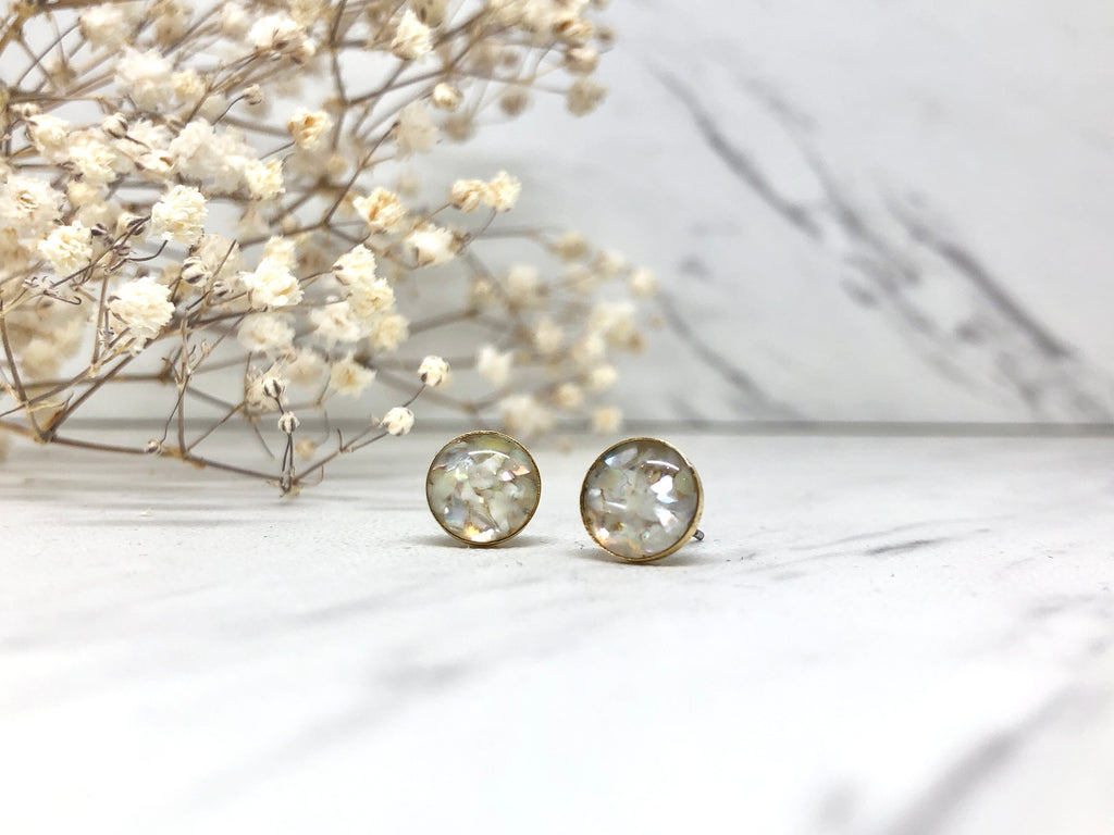 June & Simple Circle Mother of Pearl Studs — close-up of iridescent shell detail