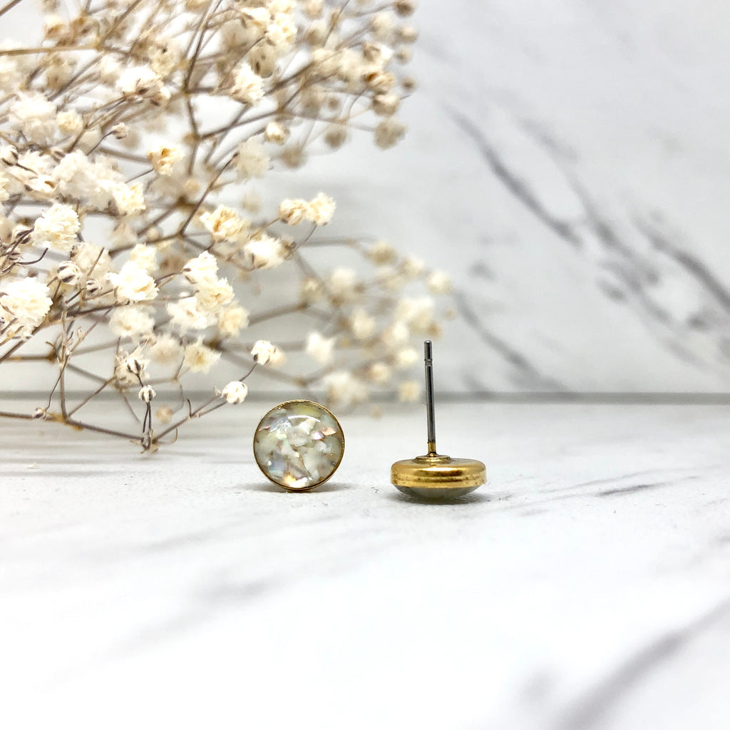 June & Simple Circle Mother of Pearl Studs on branded display card