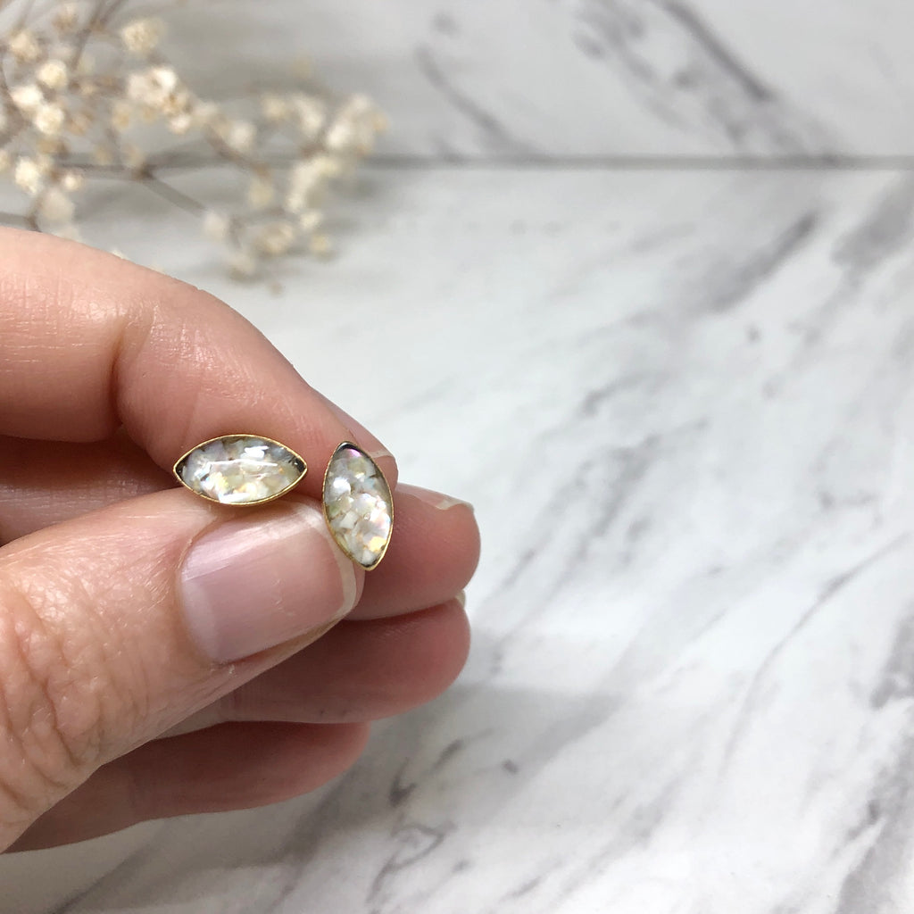 June & Simple Mother of Pearl Marquise Studs on branded display card