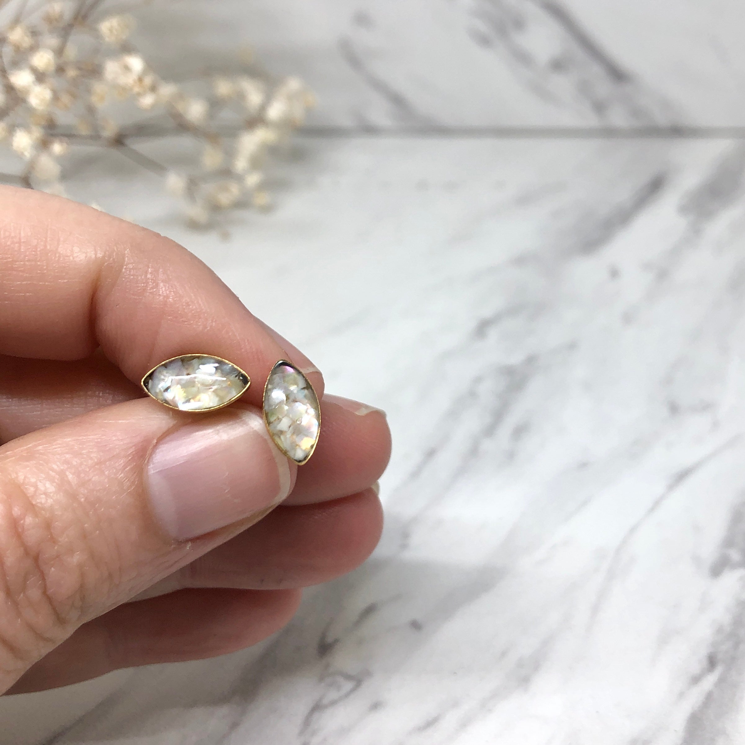 June & Simple Mother of Pearl Marquise Studs on branded display card