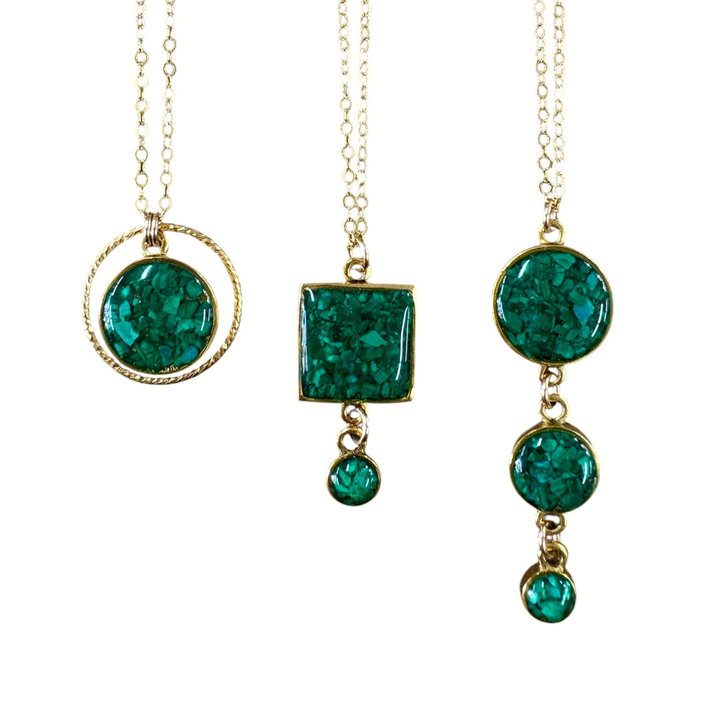 Chrysocolla Geometric Necklace — Circle of Love, Square Drop, and Triple Circle Drop by June & Simple