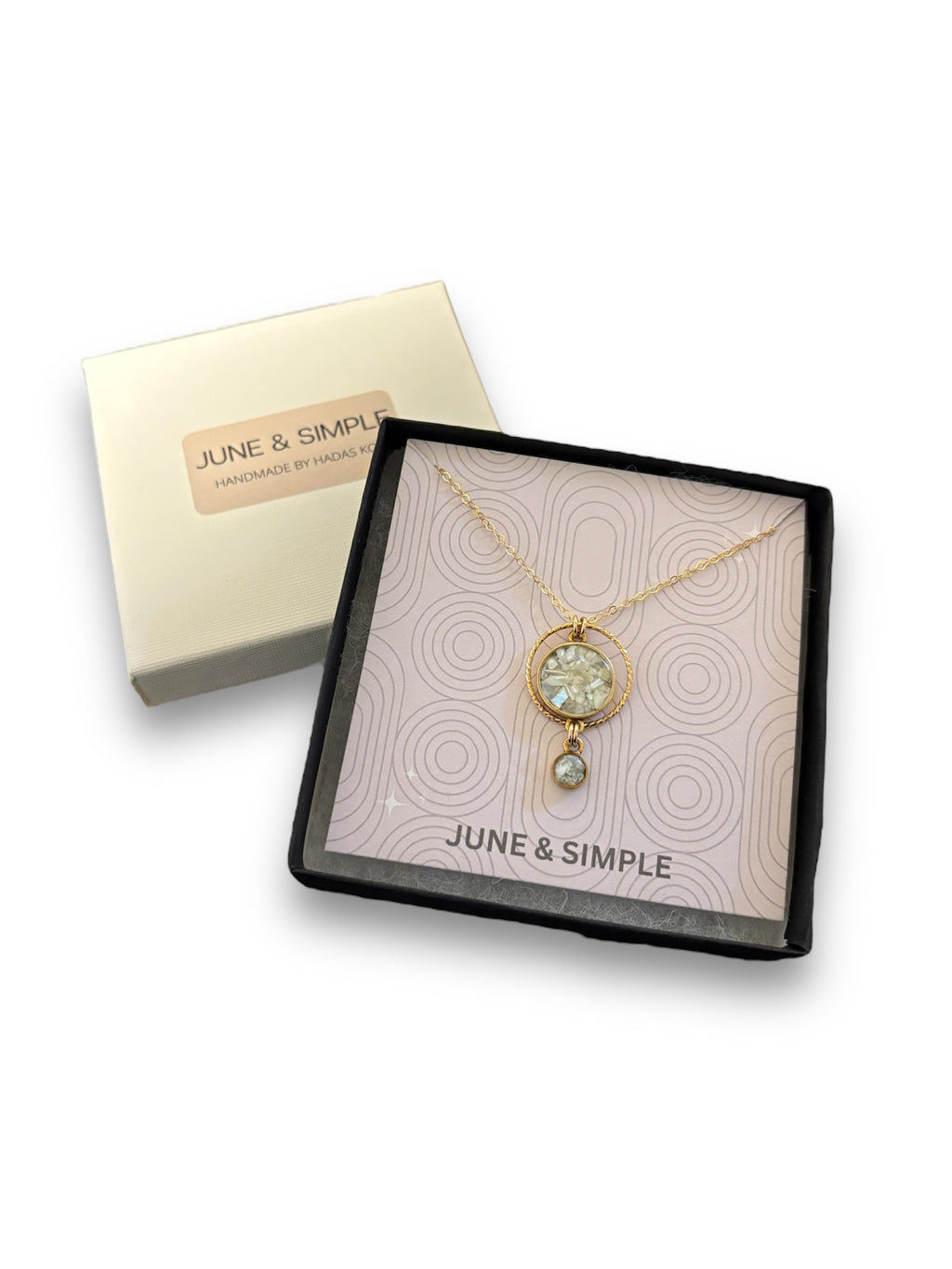 June & Simple Swing Necklace Mother of Pearl — close-up of iridescent pendant detail