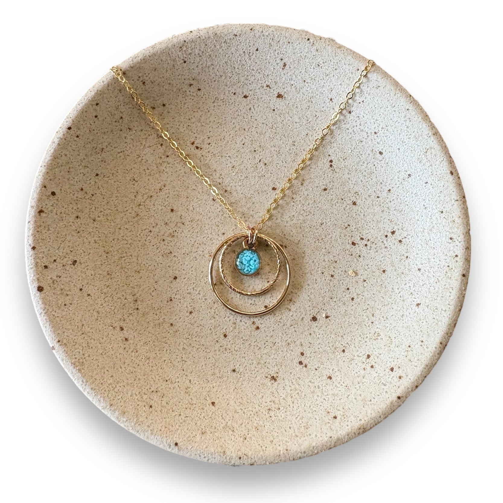 June & Simple Double Hoops Turquoise Necklace — crushed natural turquoise double hoop pendant on gold filled chain