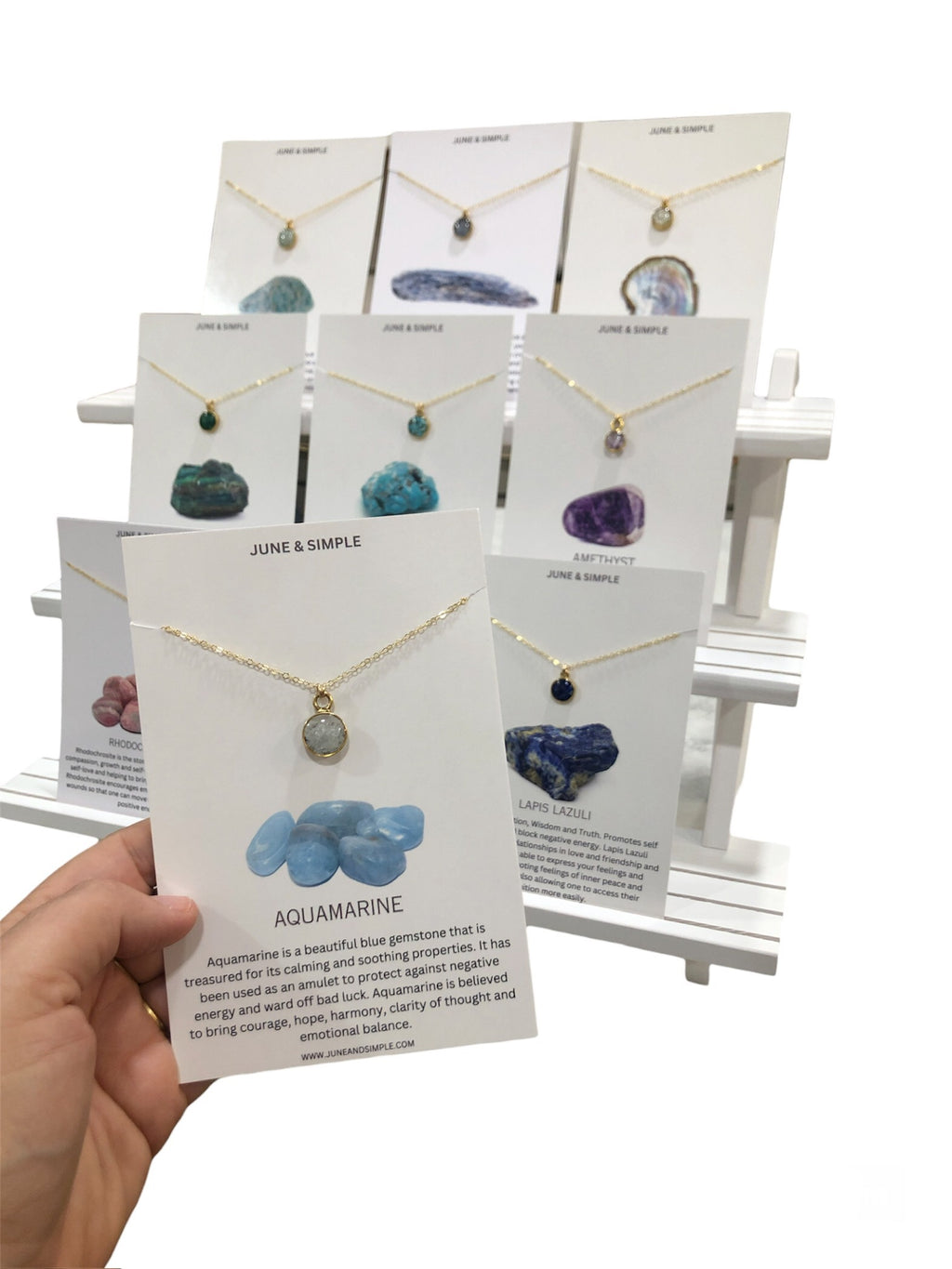 June & Simple Simple Gemstone Cards Collection — full display of natural stone jewelry on branded cards