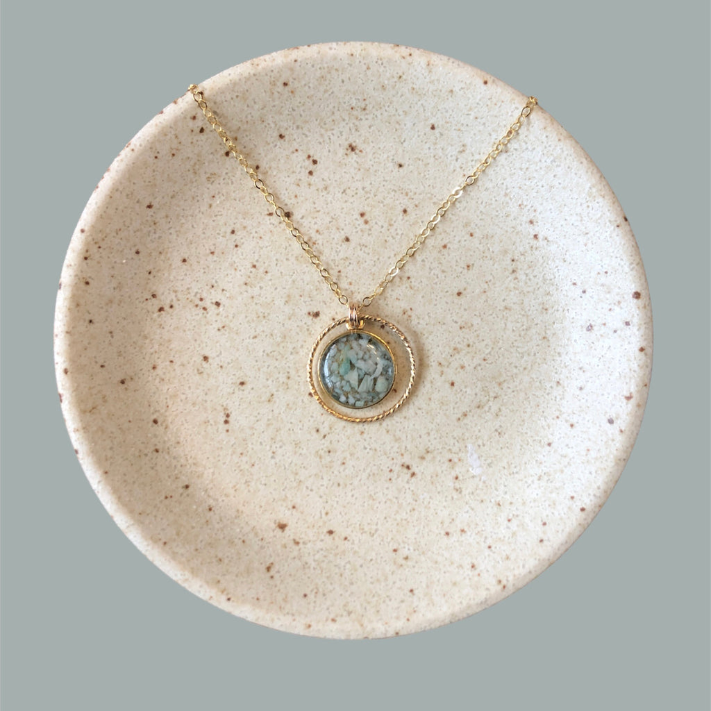 June & Simple Circle of Love Amazonite Necklace on branded display card