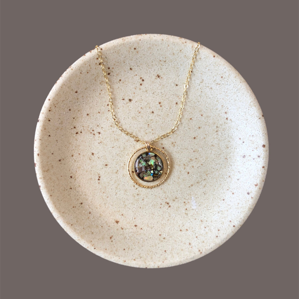 June & Simple Circle of Love Abalone Necklace — styled on a model