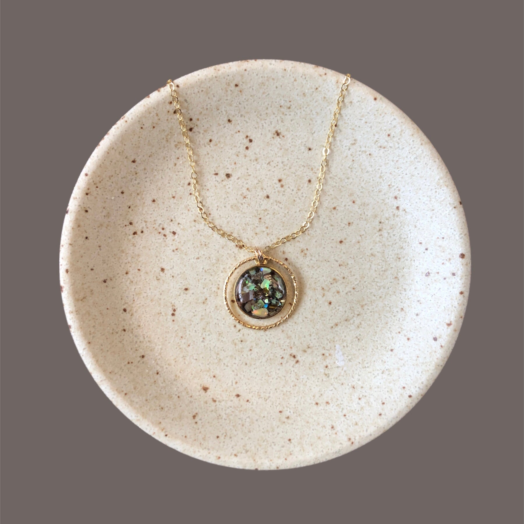 June & Simple Circle of Love Abalone Necklace — styled on a model