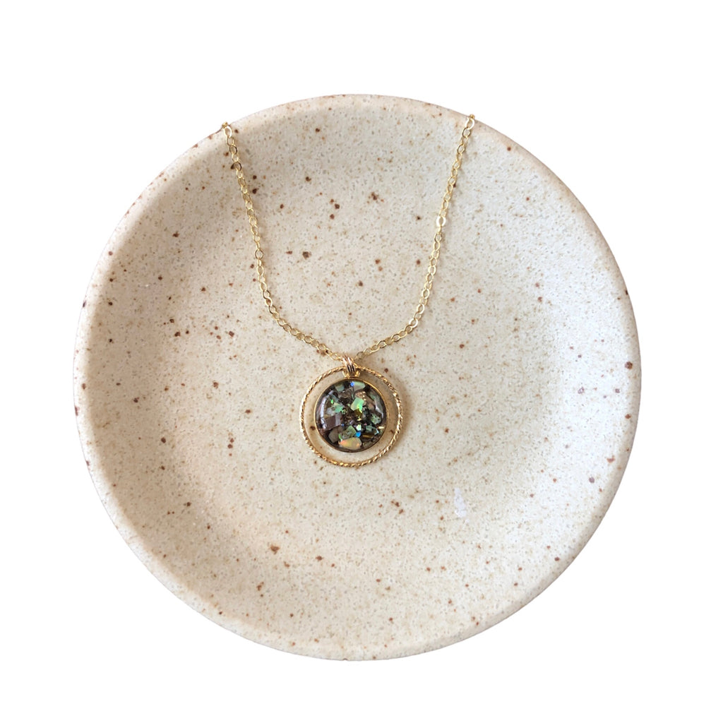 June & Simple Circle of Love Abalone Necklace — close-up of abalone circle pendant