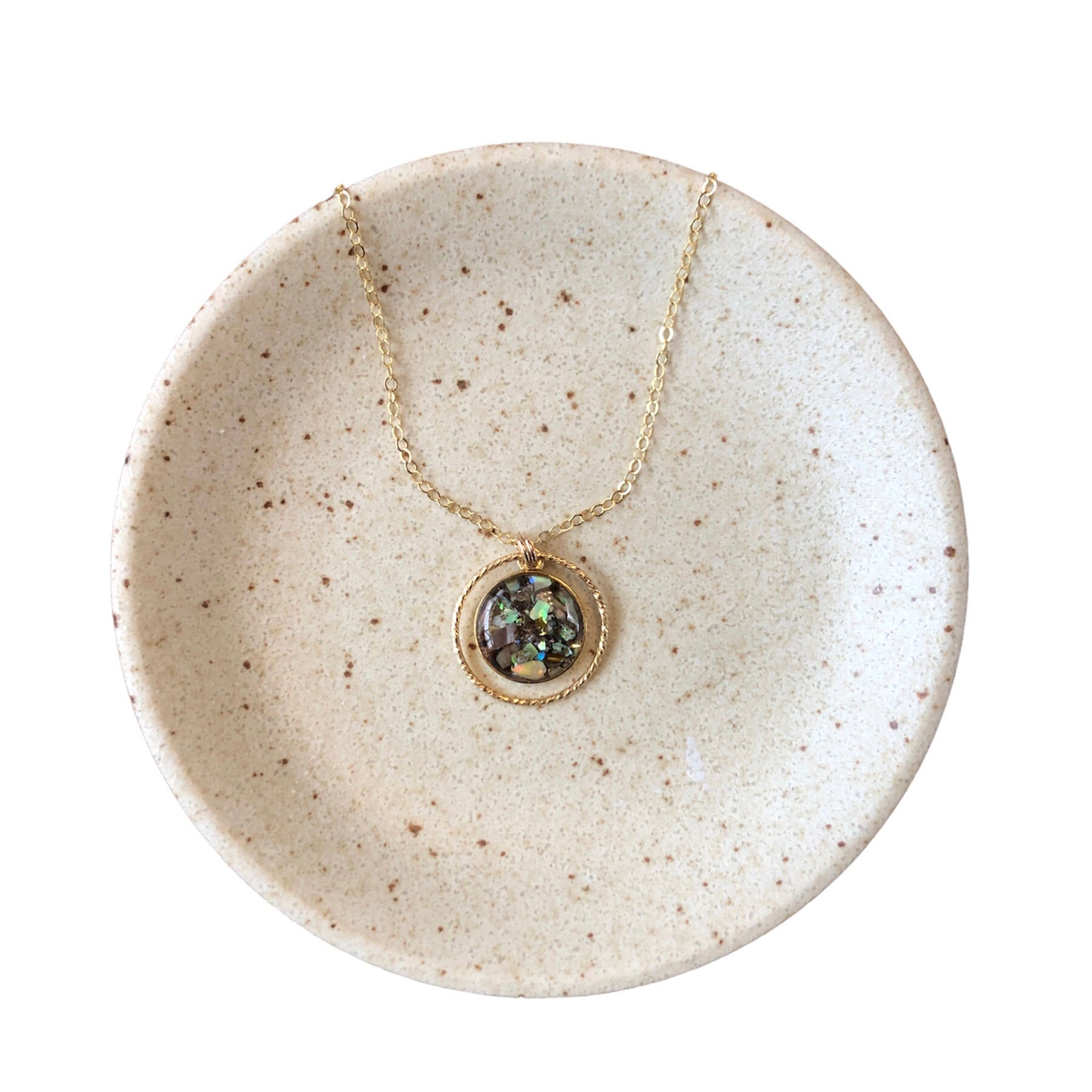 June & Simple Circle of Love Abalone Necklace — close-up of abalone circle pendant